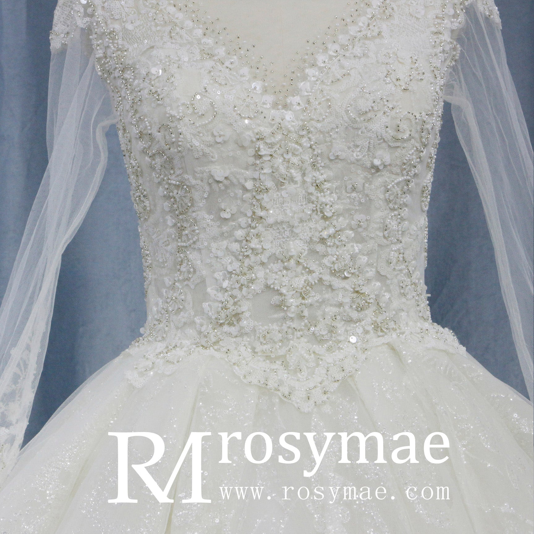 Romantic Ball Gown Wedding Dress with Sheer Long Sleeves - Rosymae