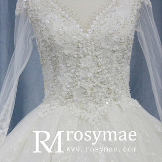 Romantic Ball Gown Wedding Dress with Sheer Long Sleeves - Rosymae