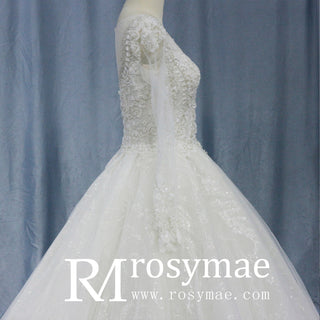 Romantic Ball Gown Wedding Dress with Sheer Long Sleeves - Rosymae