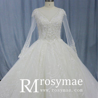 Romantic Ball Gown Wedding Dress with Sheer Long Sleeves - Rosymae