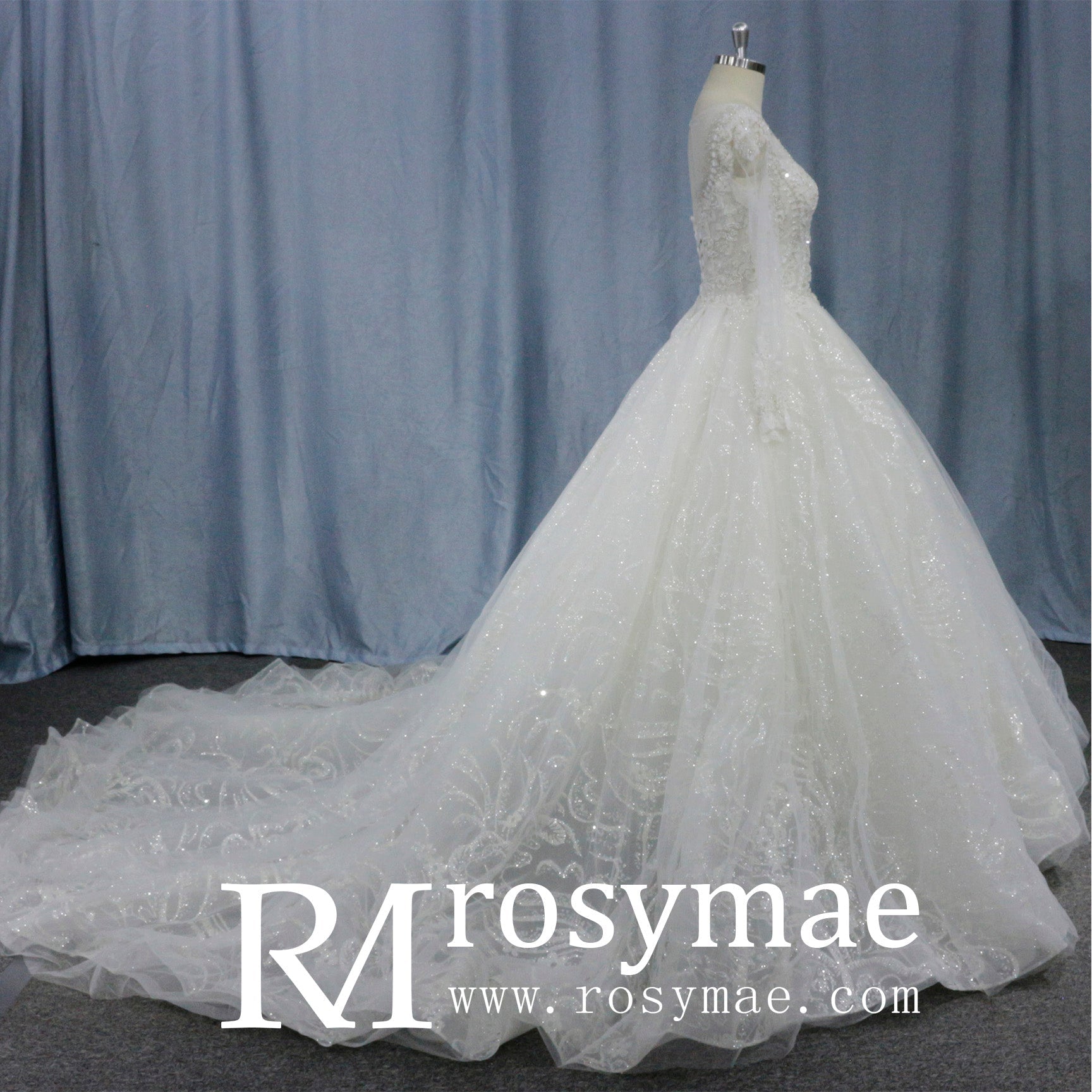 Romantic Ball Gown Wedding Dress with Sheer Long Sleeves - Rosymae