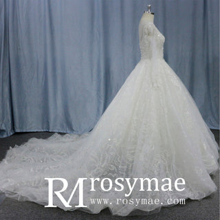 Romantic Ball Gown Wedding Dress with Sheer Long Sleeves - Rosymae