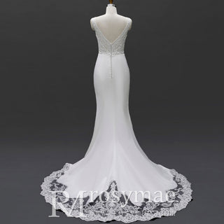 Romantic Lace Mermaid Wedding Dress Double V with Tank Sleeve - Rosymae