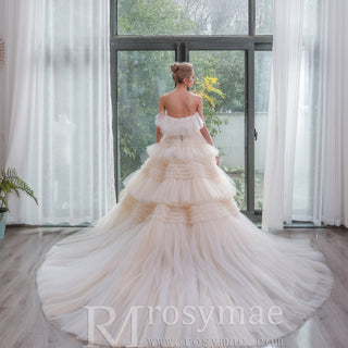 Romantic Tiered Tulle Ballgown Wedding Dress with Long Train - Rosymae