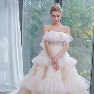 Romantic Tiered Tulle Ballgown Wedding Dress with Long Train - Rosymae