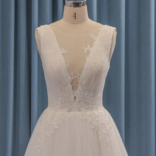 Sheer Plunging Deep V Neck A-line Tulle Wedding Dress Open Back