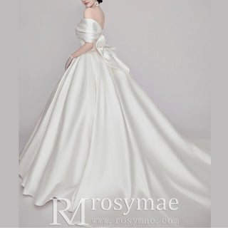 Off the Shoulder Satin Ball Gown Wedding Dress with Ruched