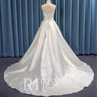 Strapless V-neck Ruched Satin Ballgown Bridal Gown Wedding Dress