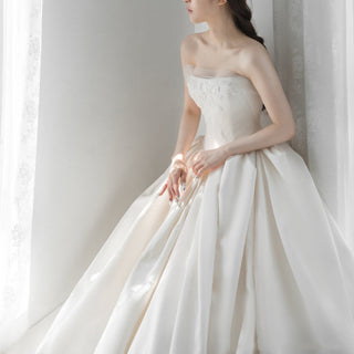 Ruching Strapless Satin Bridal Wedding Dress with Puffy Skirt