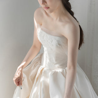 Ruching Strapless Satin Bridal Wedding Dress with Puffy Skirt
