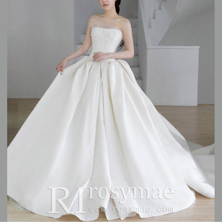 Ruching Strapless Satin Bridal Wedding Dress with Puffy Skirt