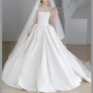 Ruching Strapless Satin Bridal Wedding Dress with Puffy Skirt