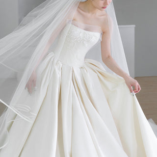 Ruching Strapless Satin Bridal Wedding Dress with Puffy Skirt
