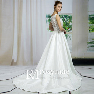 Fashionable Tank Sheer Bodice Satin Wedding Dress with Pocket
