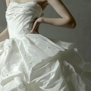 Strapless Curve Neck Ruched Taffeta Ballgown Bridal Wedding Dress