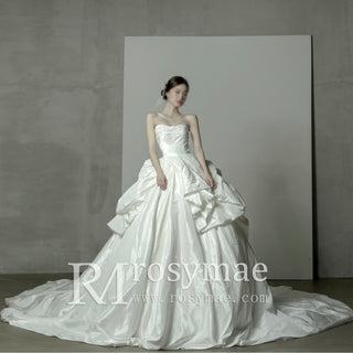 Strapless Curve Neck Ruched Taffeta Ballgown Bridal Wedding Dress