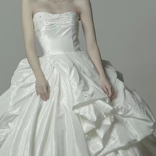 Strapless Curve Neck Ruched Taffeta Ballgown Bridal Wedding Dress