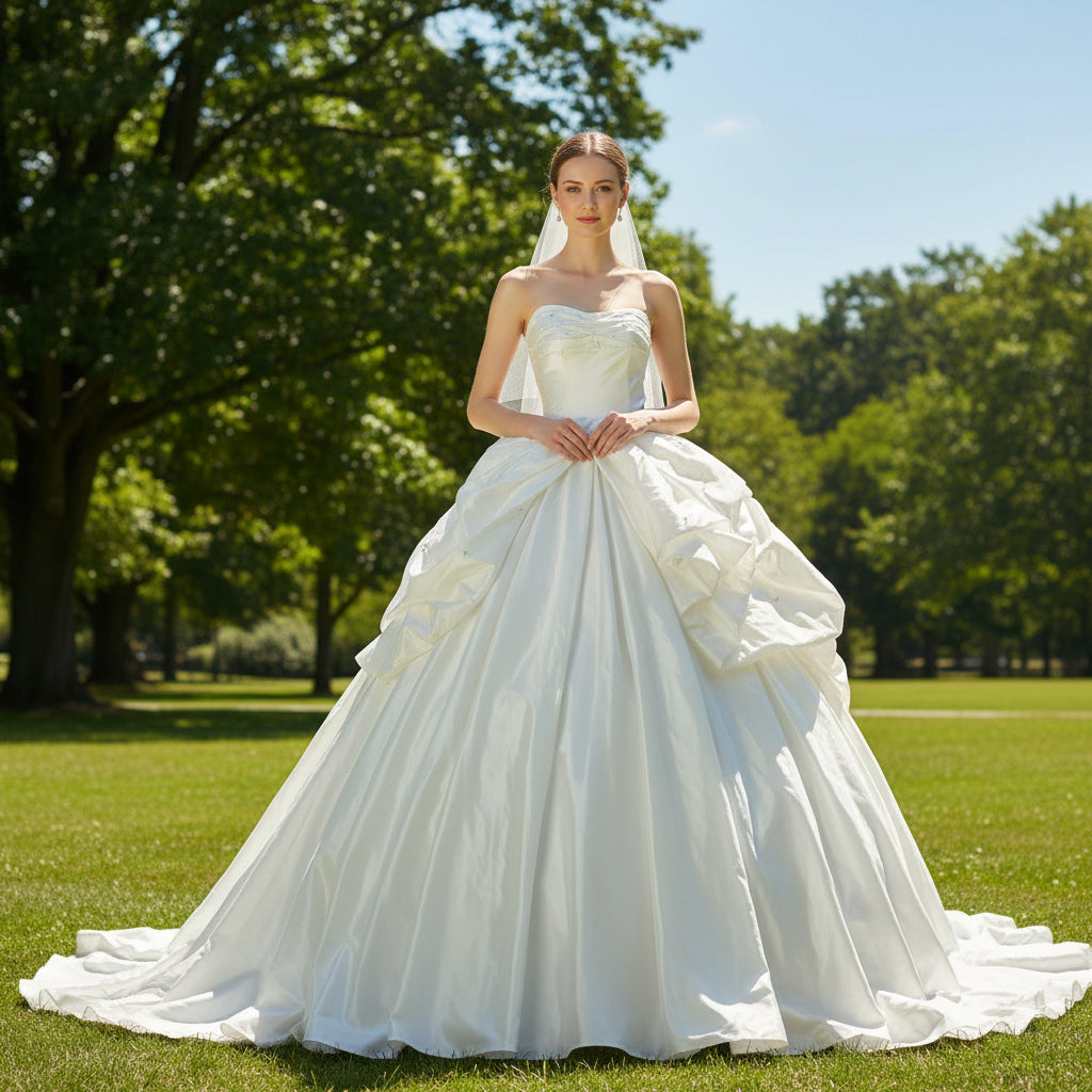 Strapless Curve Neck Ruffle Taffeta Ballgown Bridal Wedding Dress White / 18W Strapless Curve Neck Ruffle Taffeta Ballgown Bridal Wedding Dress White / 18W