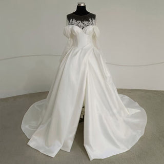 Sheer Lace Sleeve O-neck Satin Wedding Dress with Slit