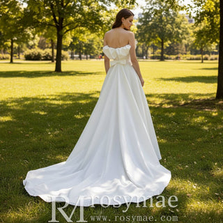 Ruffle Neckline A-line Wedding Dress with Bowknot Front - Rosymae