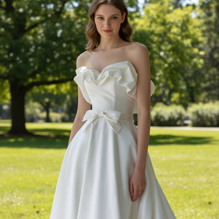 Ruffle Neckline A-line Wedding Dress with Bowknot Front - Rosymae