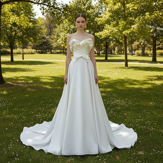 Ruffle Neckline A-line Wedding Dress with Bowknot Front - Rosymae