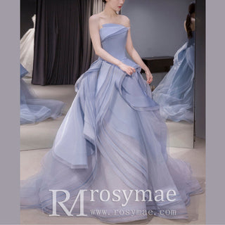 A-line Ruffle Organza Wedding Dress Strapless Court Train Gown