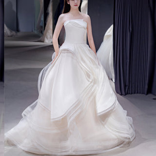 A-line Ruffle Organza Wedding Dress Strapless Court Train Gown