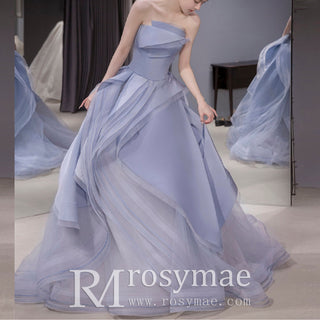 A-line Ruffle Organza Wedding Dress Strapless Court Train Gown