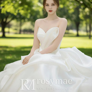 Ruffle Strapless Satin Wedding Dress Bridal Gown with Puffy Skirt - Rosymae