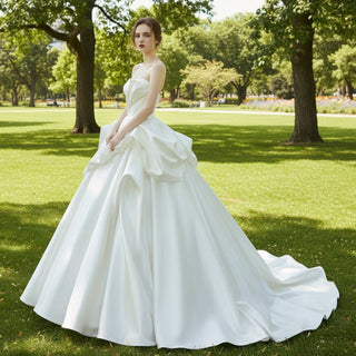 Ruffle Strapless Satin Wedding Dress Bridal Gown with Puffy Skirt - Rosymae