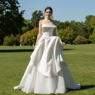 Ruffle-trimmed Strapless Satin Wedding Dresses for Brides - Rosymae