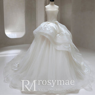 Straight Neck Ruffle Puffy Skirt Ivory Tulle Bridal Wedding Dress