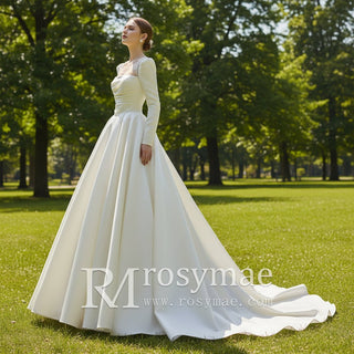 Satin A-Line Long Sleeve Bridal Wedding Dress - Rosymae