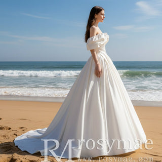 Satin A-line Off the Shoulder Wedding Dress with Asymmetric Neck - Rosymae