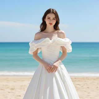Satin A-line Off the Shoulder Wedding Dress with Asymmetric Neck - Rosymae
