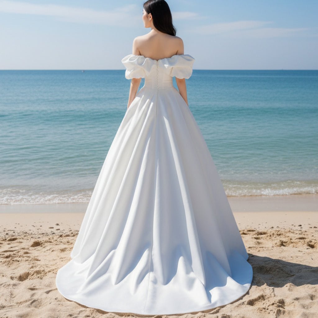 Satin A-line Off the Shoulder Wedding Dress with Asymmetric Neck - Rosymae