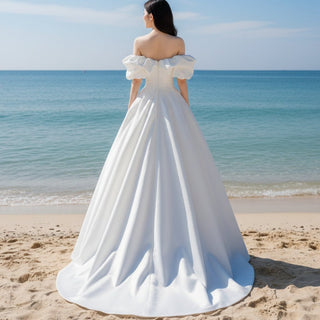 Satin A-line Off the Shoulder Wedding Dress with Asymmetric Neck - Rosymae