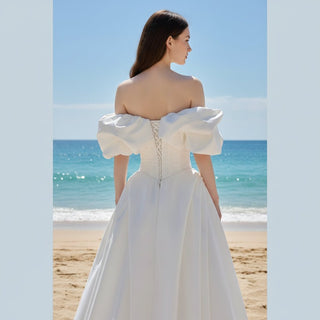 Satin A-line Off the Shoulder Wedding Dress with Asymmetric Neck - Rosymae