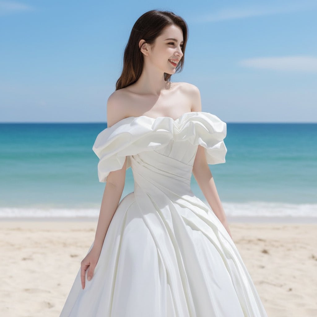 Satin A-line Off the Shoulder Wedding Dress with Asymmetric Neck - Rosymae