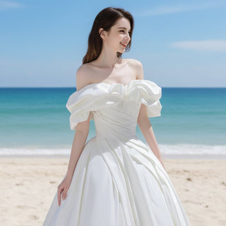 Satin A-line Off the Shoulder Wedding Dress with Asymmetric Neck - Rosymae