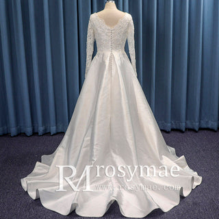 High Boat Neckline Long Sleeve Satin and Lace Wedding Dress