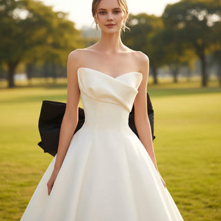 Satin Ball Gown Wedding Dress with Long Black Bow - Rosymae
