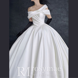 Off the Shoulder Satin Wedding Dress With Ruching Ball Gown Skirt