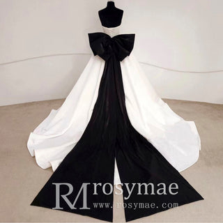 Unique Simple Satin Wedding Dress with Long Black Bowknot