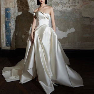 Asymmetrical One-shoulder Satin Bridal Wedding Dress