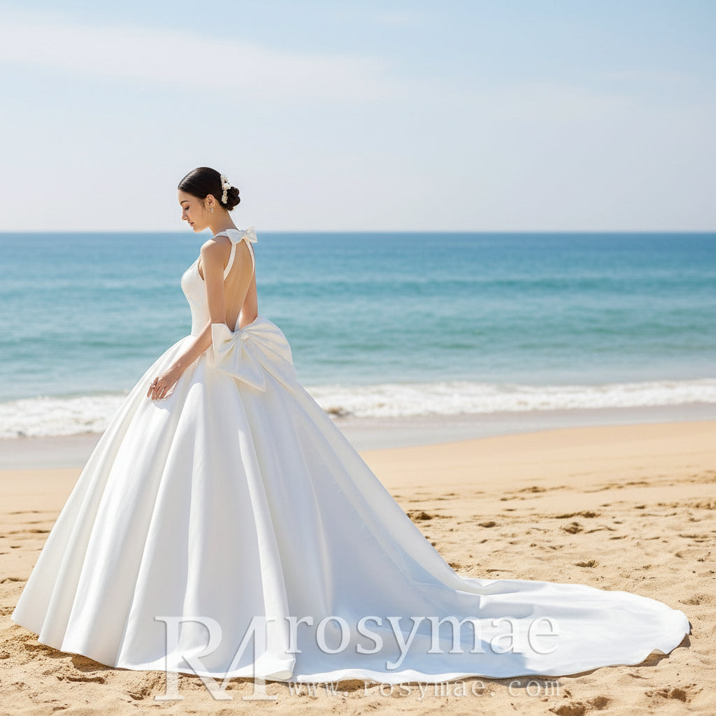 Choker & High Neck Satin Wedding Dress with Big Bowknot Champagne / 14 Choker & High Neck Satin Wedding Dress with Big Bowknot Champagne / 14