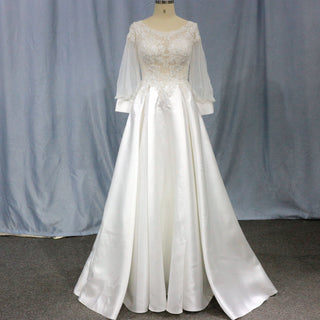 satin-lace-lantern-sleeve-wedding-dress
