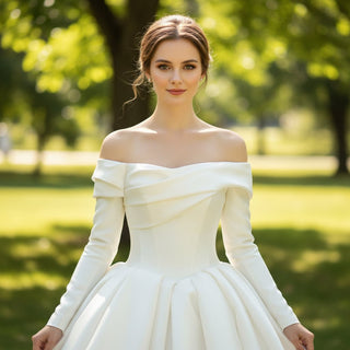 Satin Off-Shoulder Long Sleeve Wedding Dresses Bridal Gowns - Rosymae