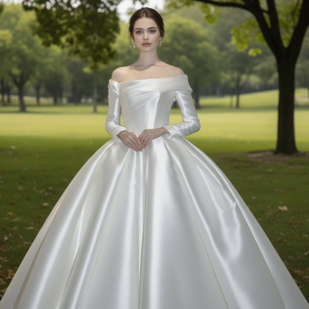 Satin Off-Shoulder Long Sleeve Wedding Dresses Bridal Gowns - Rosymae